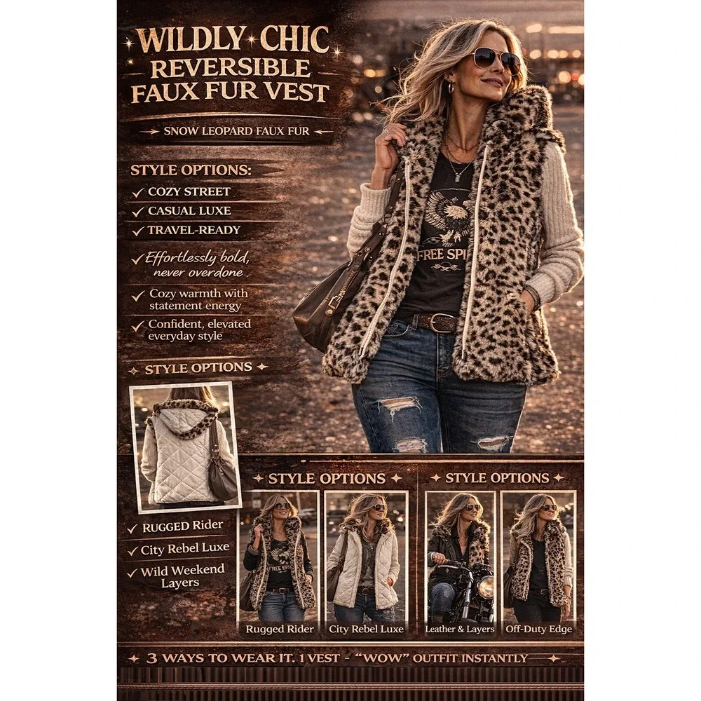 Kristen Blake Reversible Faux‎ Fur Vest Snow Leopard Quilted Hooded Ivory Women